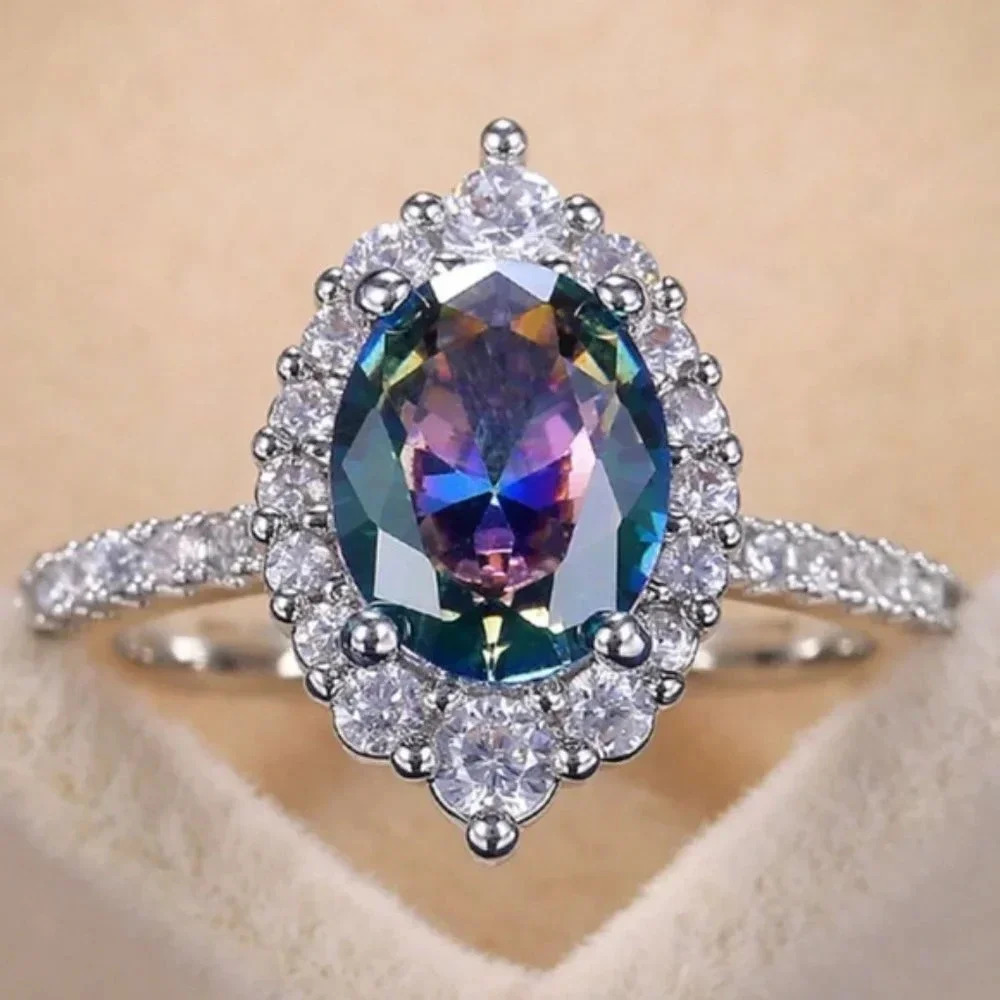 NEW Mystic Topaz Diamond Halo Engagement Ring